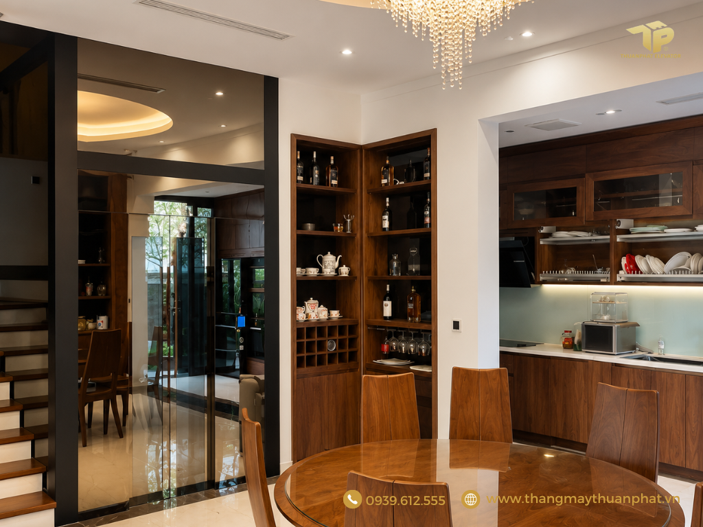 Mẫu thang máy gia đình khung nhôm tráng gương đen